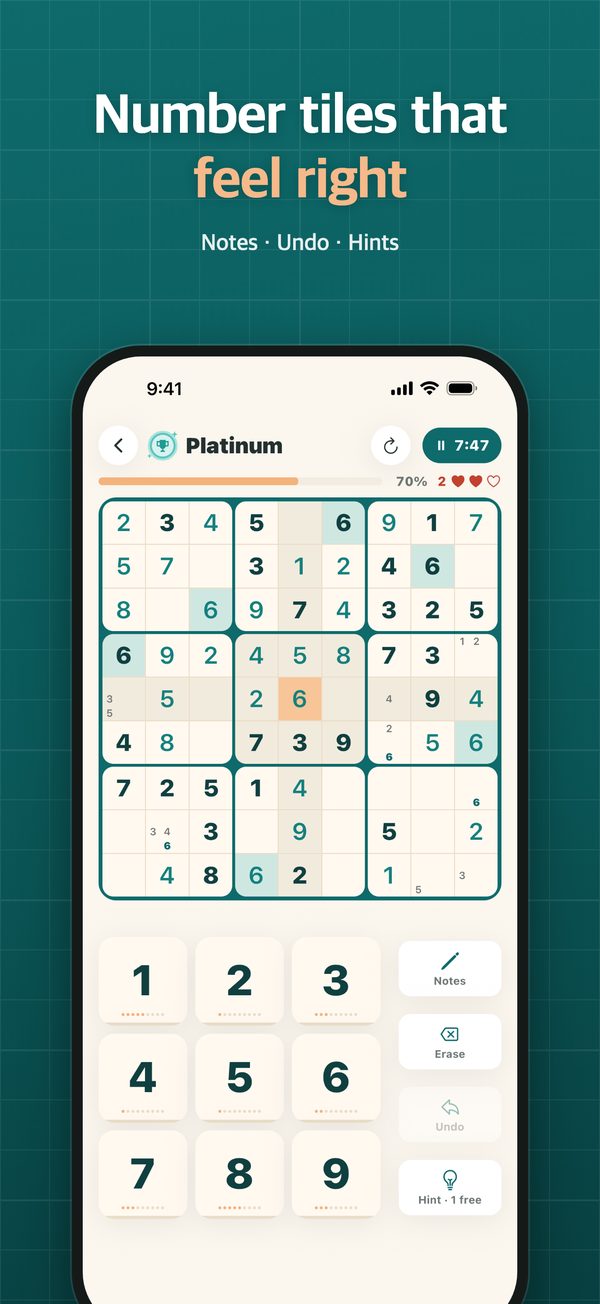 Game screen with the number-tile keypad and notes