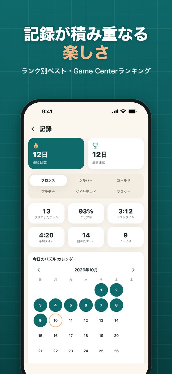 連続日数、ランク別の記録、今日のパズルのカレンダー