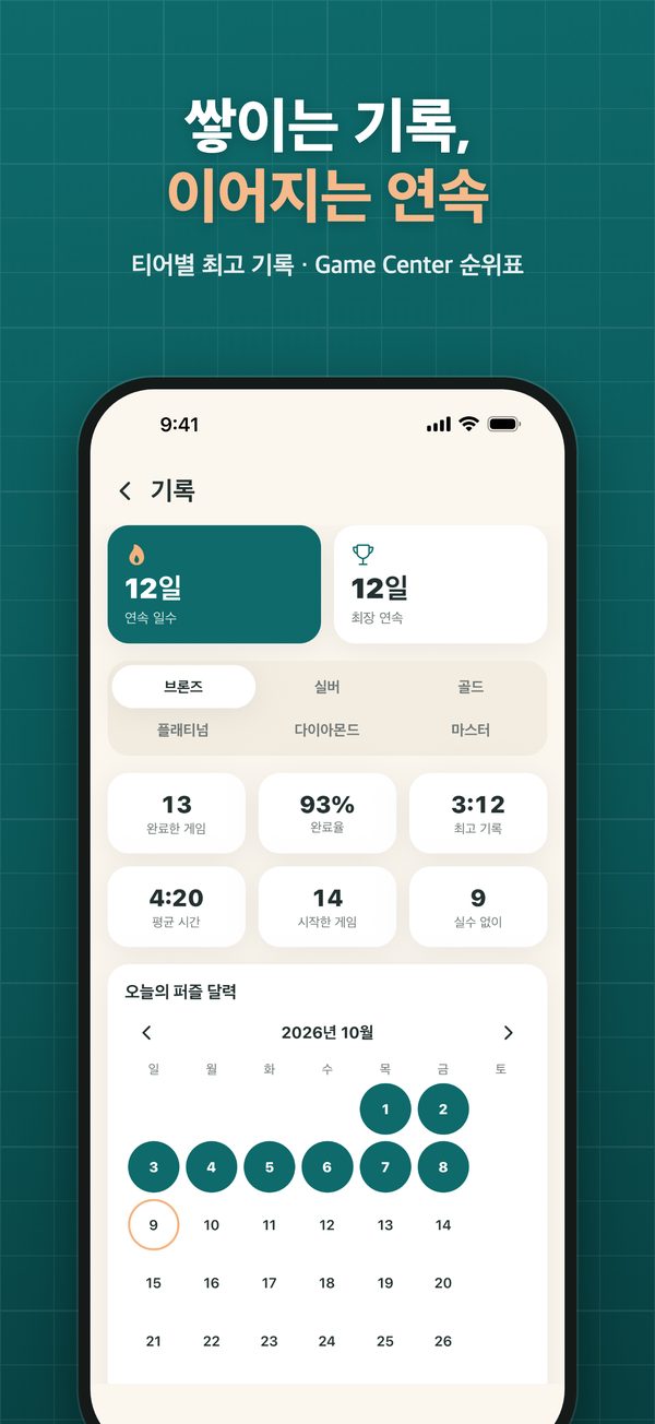 연속 일수와 티어별 기록, 오늘의 퍼즐 달력