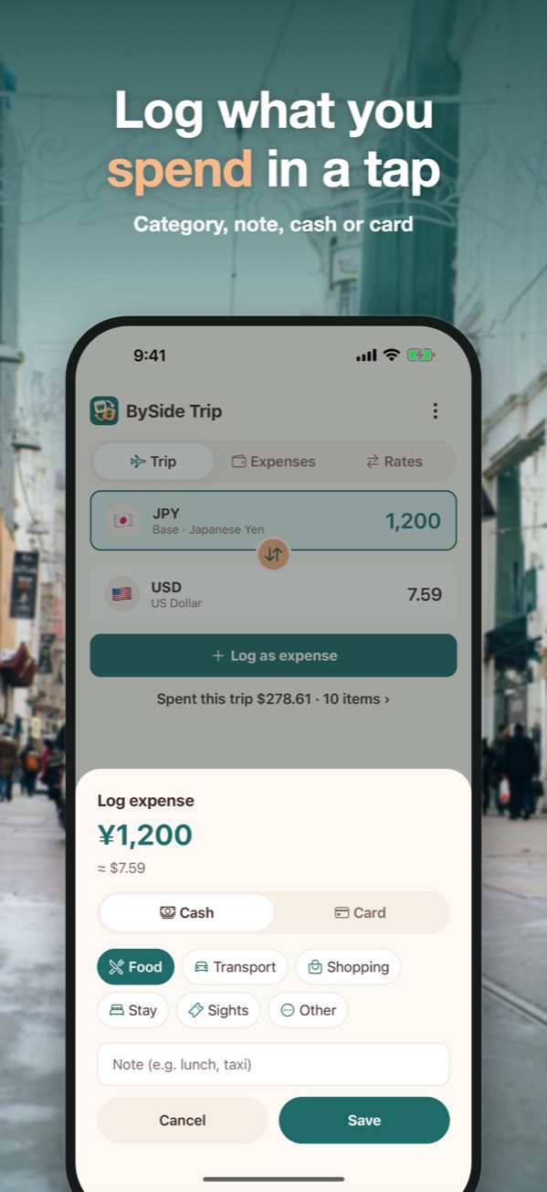 Logging an expense with a category, payment method and note