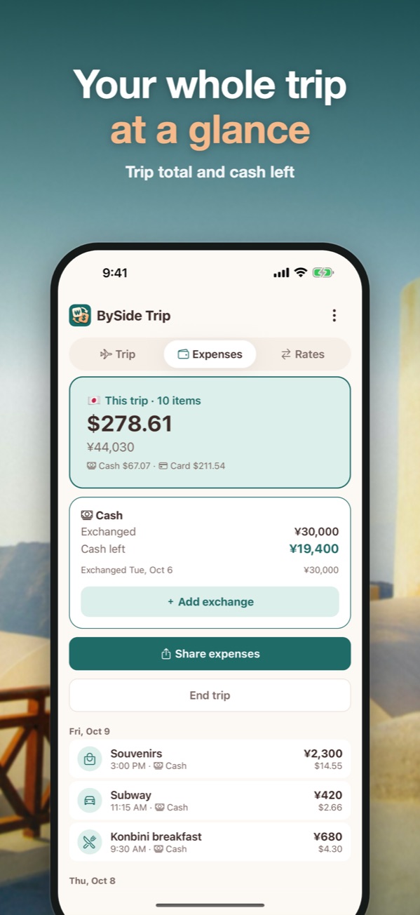 Expenses screen with the trip total, cash left and daily spending