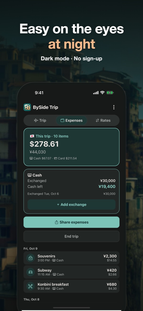 Expenses screen in dark mode