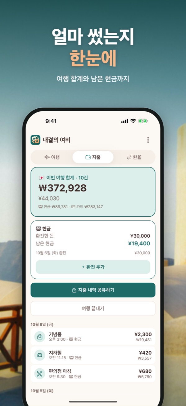 여행 합계, 남은 현금, 날짜별 지출을 보여 주는 지출 화면