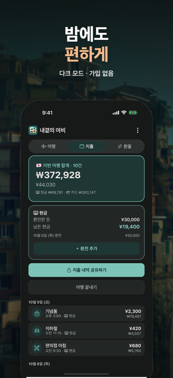 다크 모드 지출 화면