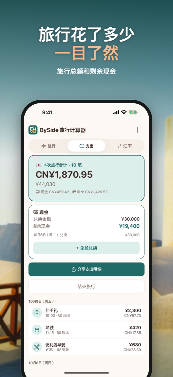 显示旅行合计、剩余现金和每日支出的支出页面
